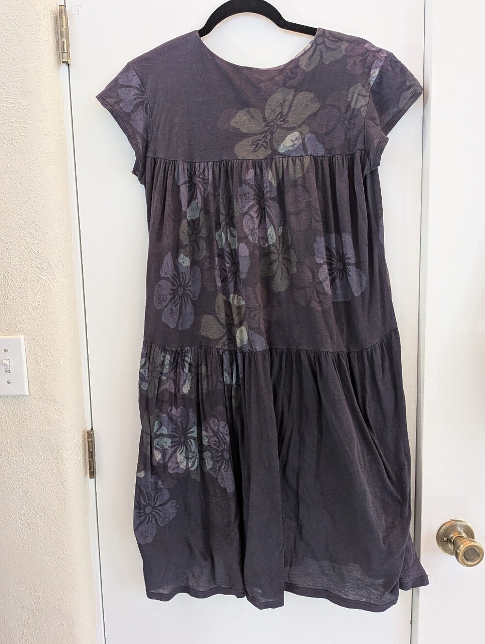 Vintage Muumuu Dress Floral Hawaii Slate Blues Cotton Lightweight Tiered Women